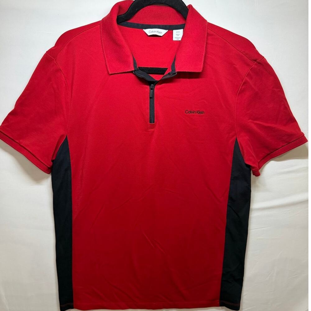Calvin Klein Mens Small Red Black Colorblock 1/4 Zip Short Sleeve Polo Shirt